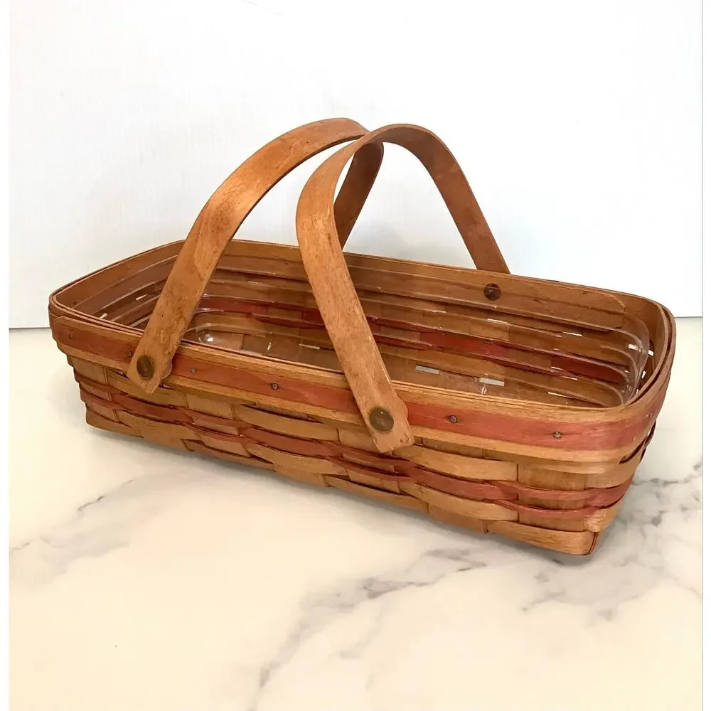 Longaberger Medium Gathering Basket Red Slat Double Swinging Handle & Liner 1991